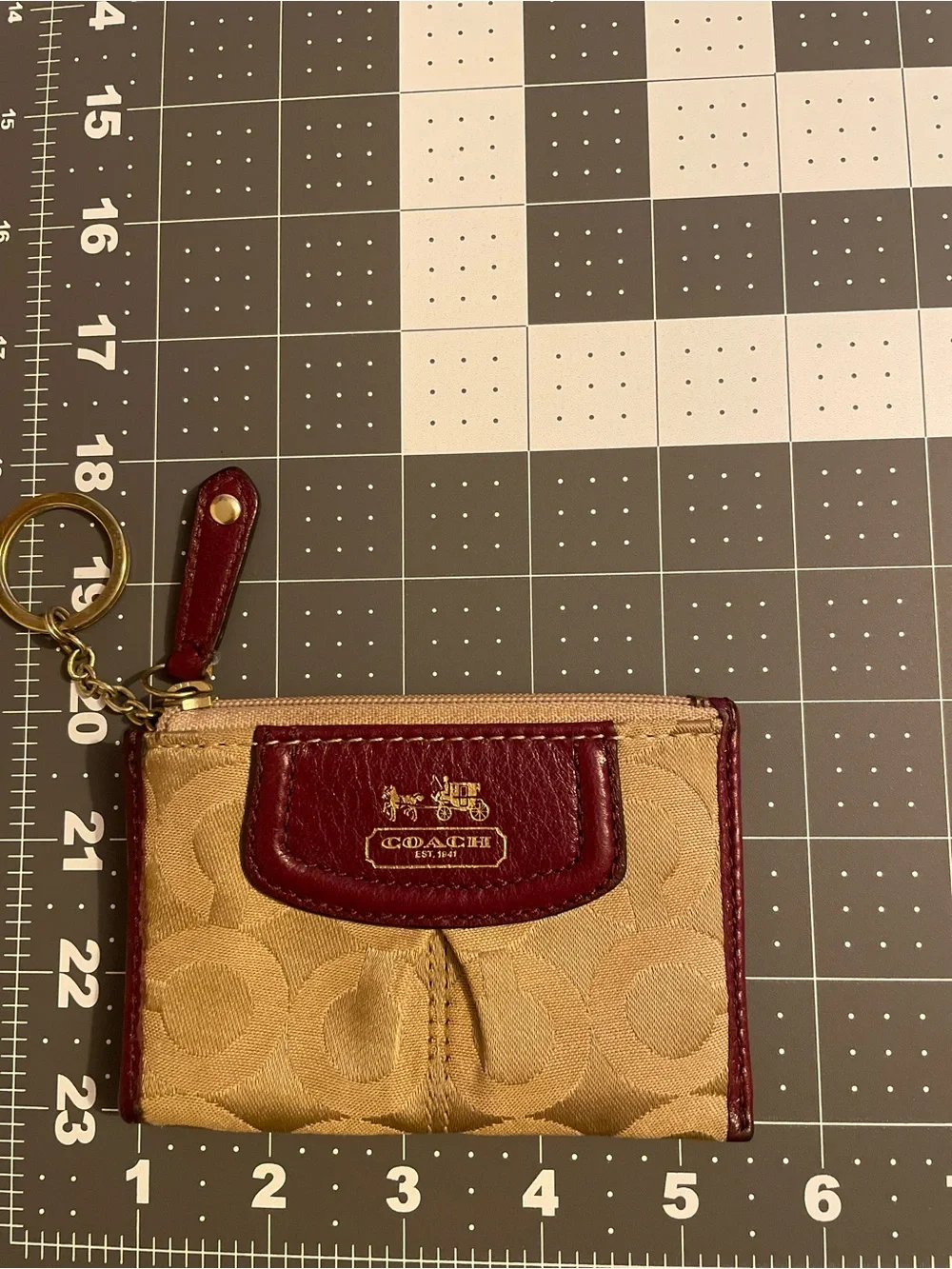 COACH Madison Op Art Mini Signature ID Card Coin Purse Tan Satin Red Leather